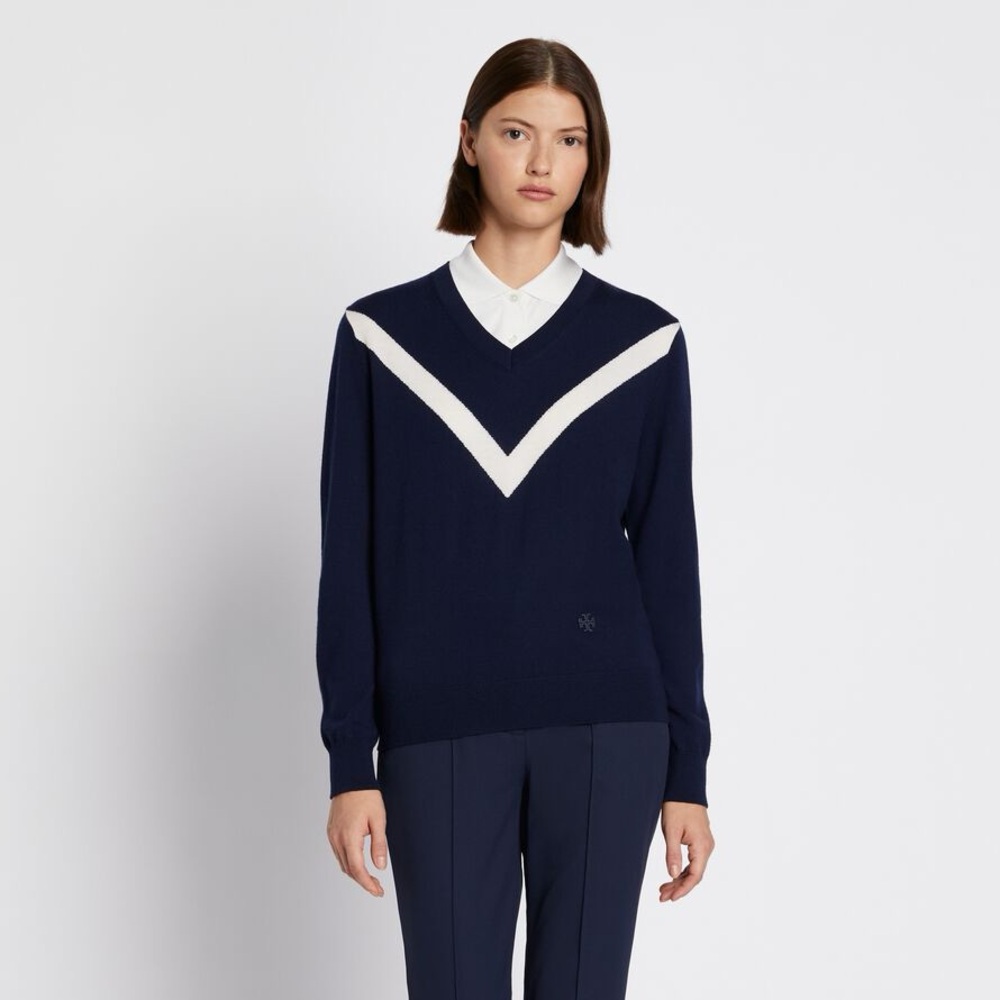 Tory Burch Merino Chevron Sweater in Navy and White